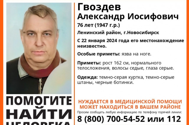 В Новосибирске с 22 января ищут 76-летнего мужчину с седыми волосами